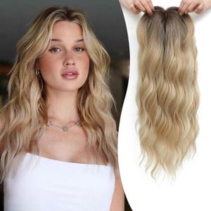 MORICHY Hair Toppers for Women Clip in Hair Topper with Bangs 20inch Buttery Blonde with Highlights Long Wavy Curly Synthetic HairPieces for Women (R6/26k/60#)