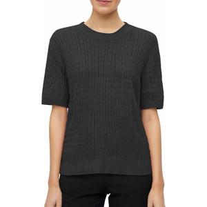 Ckikiou Lightweight Ribbed Knitted Short Sleeve Sweater T-Shirt for Women Spring Summer Casual Crewneck Silky Tee Shirt (Black, M)