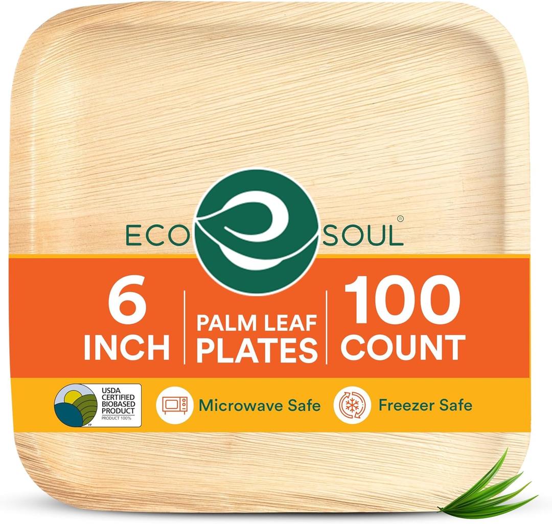 ECO SOUL 100 Count Square Palm Leaf Plates of 6 Inch - Disposable, Eco-Friendly, Biodegradable Bamboo Plates - Perfect for Parties, Catering, Weddings & Large Events (6" Square Plates, 100)