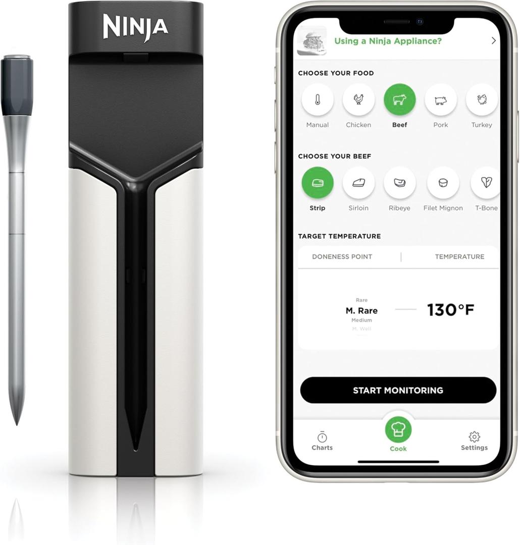 Ninja Meat Thermometer ProChef Wireless Probe for Indoor & Outdoor Air Fryer, Grill, Cooking, Smoker, Oven, Roaster, Long Range Bluetooth App Connection, Flareup Resistant, Waterproof, US Only, WP100