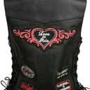 ELL4900 Womens 'Love to Ride' Black Leather Motorcycle Patched Embroidered Vests with Side Laces (Medium)