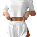 Remidoo Women's Short Sleeve T Shirts And Shorts Side Slit Crewneck Pajamas Set White Small (White)