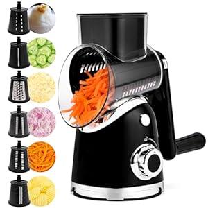 SUSTEAS Rotary Cheese Grater with Handle, Vegetable Slicer, 6 Interchangeable Blades, Reinforced Suction, Easy to Clean, Kitchen Shredder for Crushed Ice, Fruits, Nuts with Blade Storage Case
