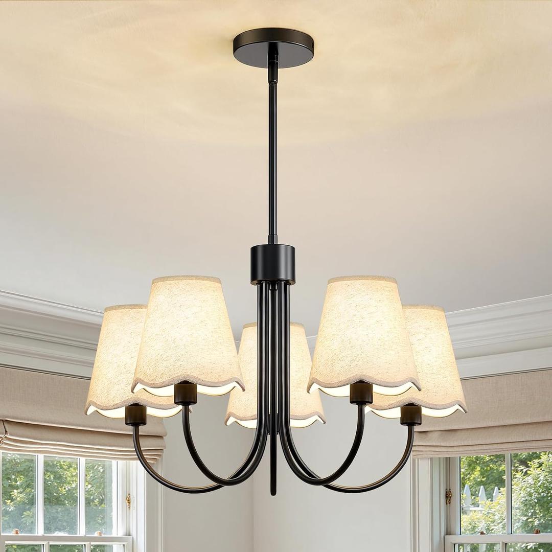 Dining Room Chandelier Light Fixture 5-Light Black Modern Kitchen Chandeliers Over Table Farmhouse Chandeliers with Fabric Shades for Bedroom Living Room Entryway Foyer