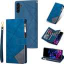 UEEBAI Wallet Case for Samsung Galaxy A34 5G, Vintage Premium PU Leather Cover Flip Case with Card Slots Magnetic Closure Zipper Pocket Kickstand Handbag with Hand Strap - Diamond Blue