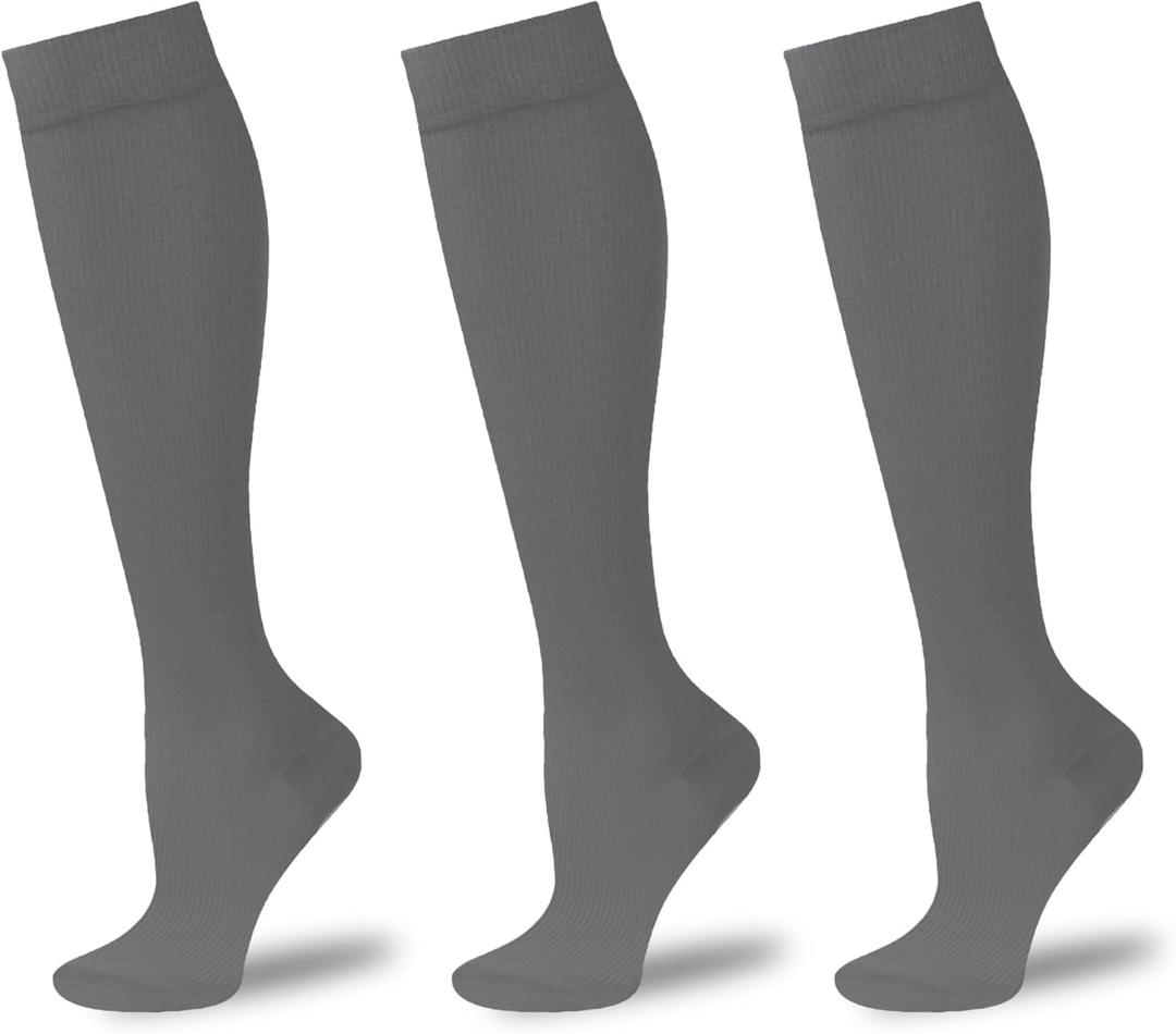 Compression Socks for Women & Men 15-20mmHg Knee High Support Socks for Running Athletic Travel (Small-Medium, Gray (3 Pairs))