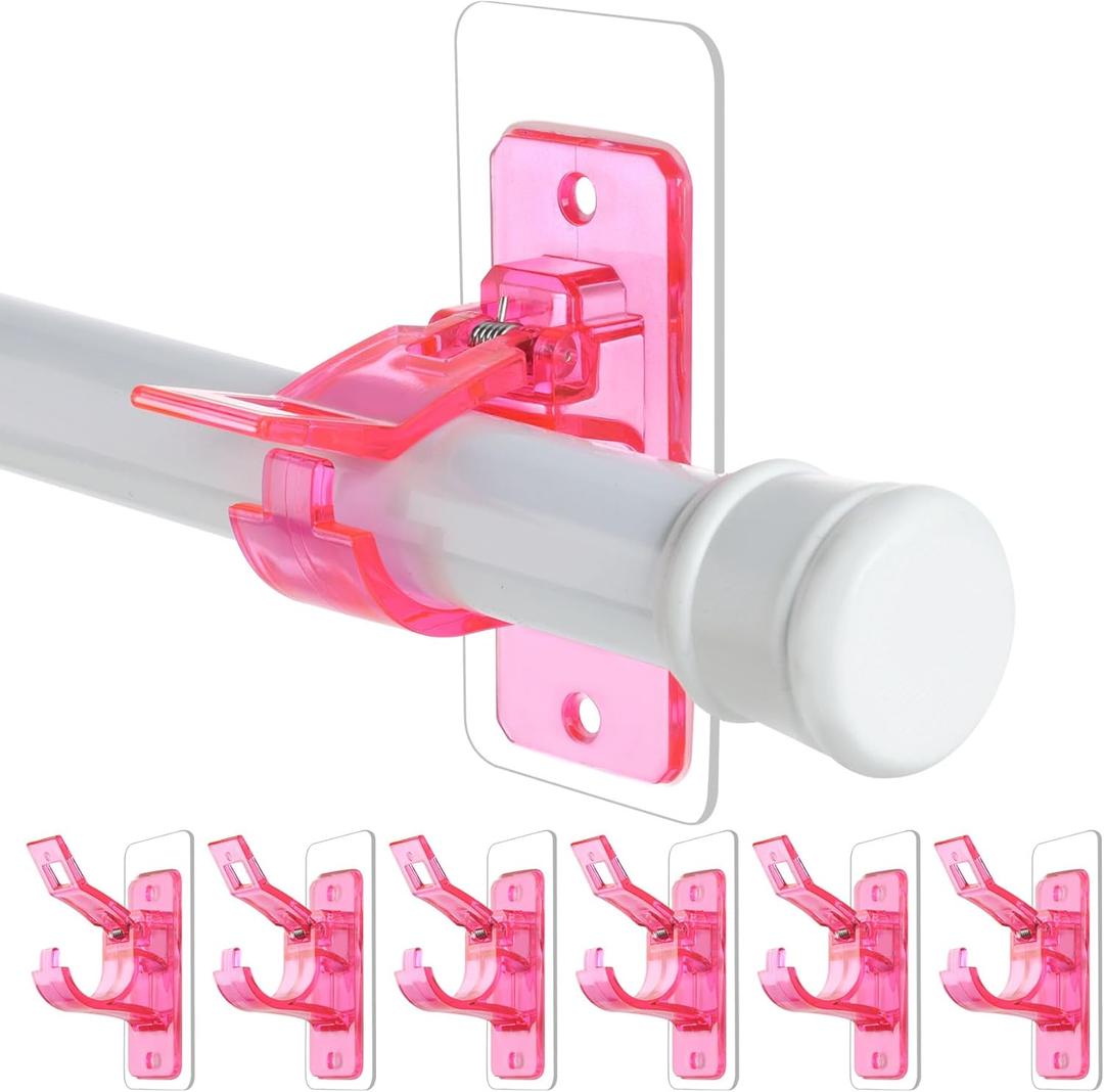 6-Pack No Drill Needed Curtain Rod Holders Brackets, Self Adhesive Rods Holder Hooks, Multipurpose Nail-Free Stick on Curtain Rod Hooks-Transparent Berry Pink