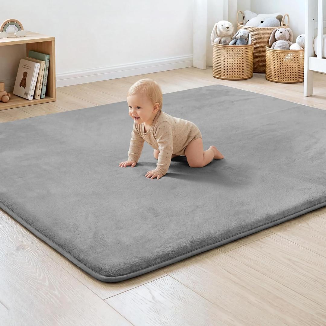 1.3" Thick Baby Floor Play Mat 79x158, Basic Padded Foam Mat for Tummy Time Crawling, Non Slip Cushioned for Babies Toddlers Infants Kids (Light Grey)