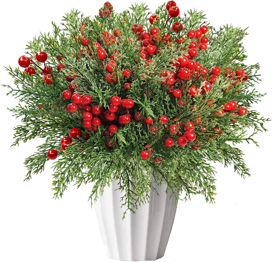 4-Piece Faux Pine Branches with Vibrant Red Berries, Christmas Decor for Holiday Arrangements, Artificial Stems DIY Crafts, Ideal for Mantel Display, Table Centerpiece and Festive Home Decoration
