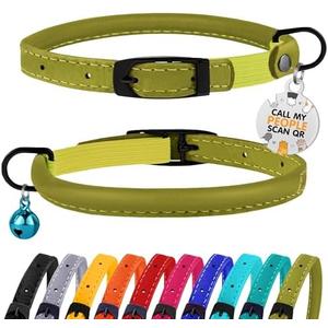BRONZEDOG Cat Collar with Bell Kitten Rolled Leather Collars Safety QR ID Name Tag (Olive Green) BRONZEDOG Cat Collar with Bell Kitten Rolled Leather Collars Safety QR ID Name Tag (Olive Green)