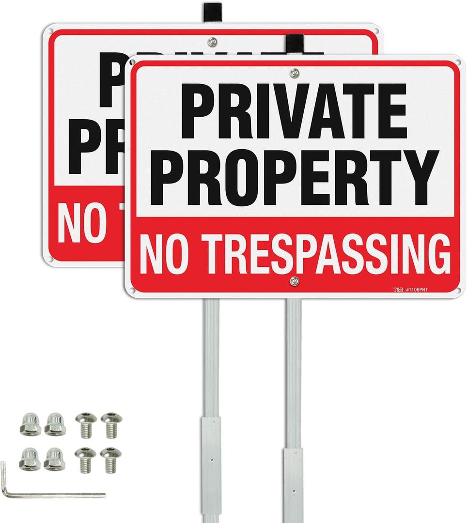 T&R Large No Trespassing Sign Private Property Sign with 36" Stake for Outside - 2 Pack - 14"x10" .040 Rust Free Heavy Aluminum, Reflective, Waterproof, Weatherproof and Fade Resistant, 6 pre-drilled holes,Includes Matching Screws & Wrench, Easy to Mount