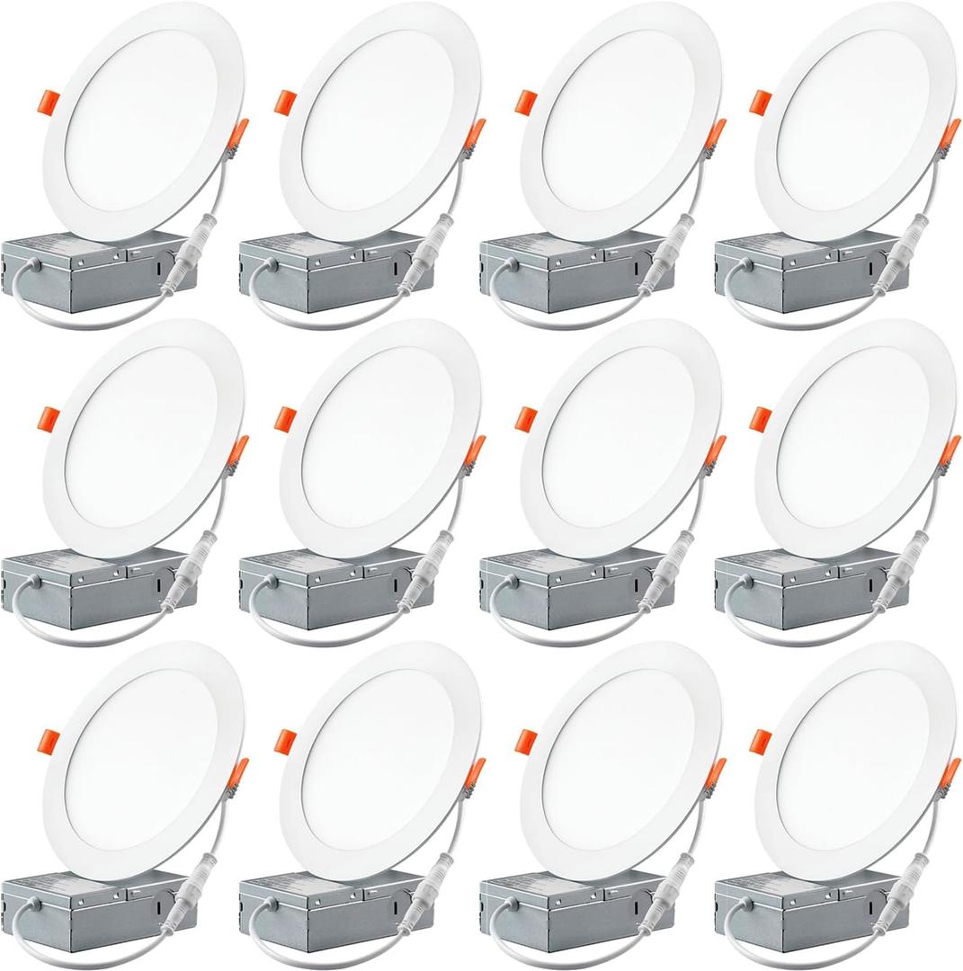 12 Pack Recessed Lighting 6 Inch LED Ceiling Lights with Junction Box, 6000K Canless Recessed LED Can Lights, 12W 110W Eqv, 1050LM High Brightness LED Lights