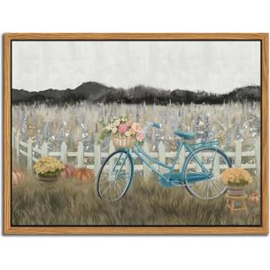 Floating Framed Canvas Wall Art, Vintage Blue Bicycle Flower Basket Wall Decor, Country Nature Landscape Wildflower Poster Print Paintings for Bathroom Living Room Bedroom Home Decor 12x16 inch