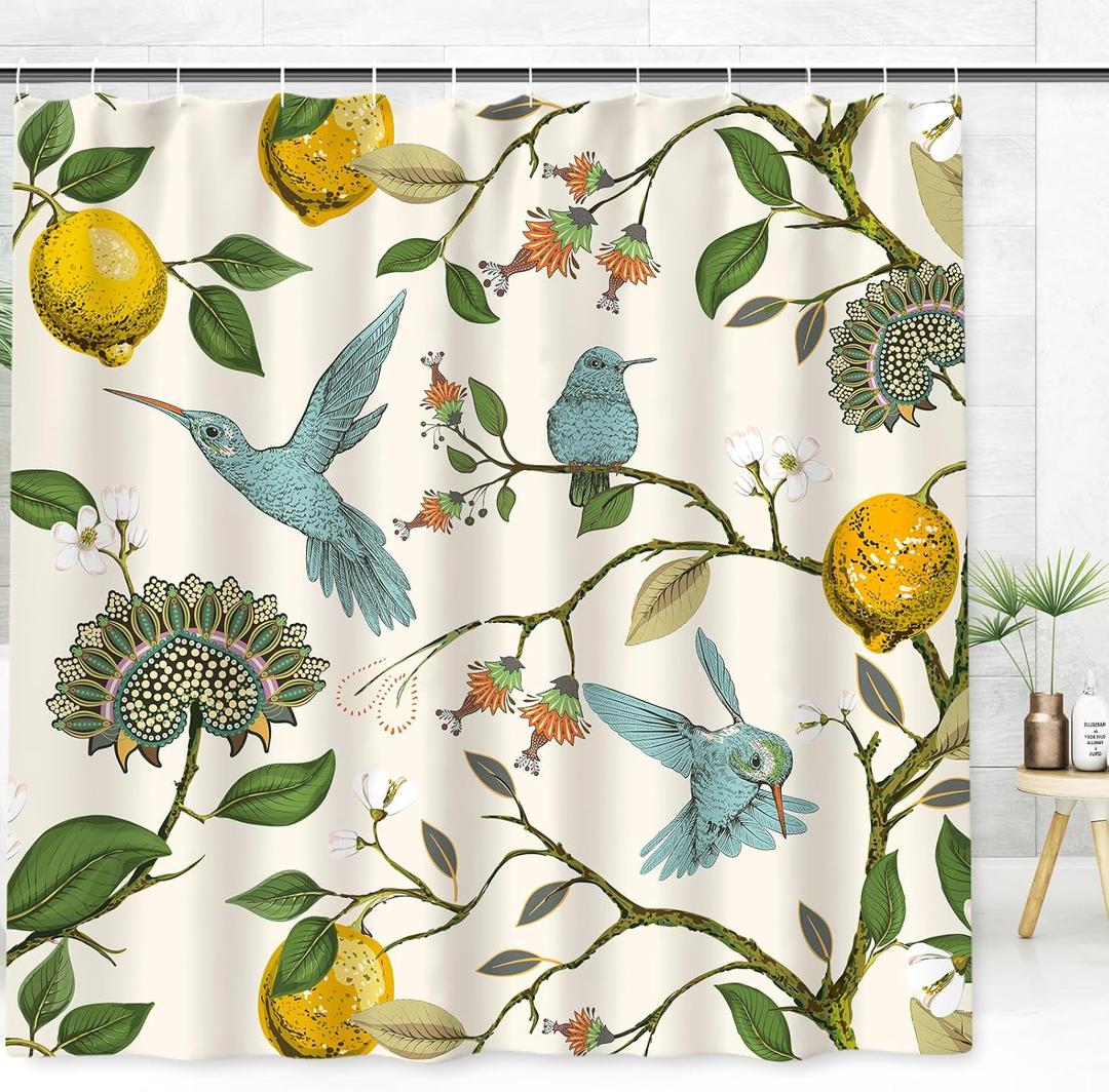 AnyDesign Lemon Shower Curtain Summer Blue Birds Lemon Tree Bathroom Decor Retro Nature Fabric Bath Curtain Set with Hooks for Home Hotel Bathroom Supplies, 72 x 72 Inch
