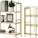 Crofy No Assembly Folding Bookshelf for Living Room, 3 Tier Gold Collapsible Book Shelf for Home Office, Portable Bookcase Storage Organizer