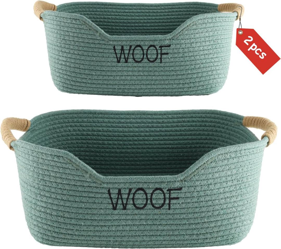 Geyecete Set of 2 Dog Toy Storage Basket, Cotton Rope Weave Basket for Dogs, Cats, Dog Toy Bin with Handles, Puppy Toy Accessories, Storage Container-Green