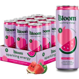 Bloom Nutrition Sparkling Energy Drink - Natural Caffeine, Zero Sugar, 180mg Caffeine - Antioxidant-Rich with Green Coffee Bean, Green Tea Extract, Prebiotics - Strawberry Watermelon - 12oz 12 Pack (EXP 02/28/27)