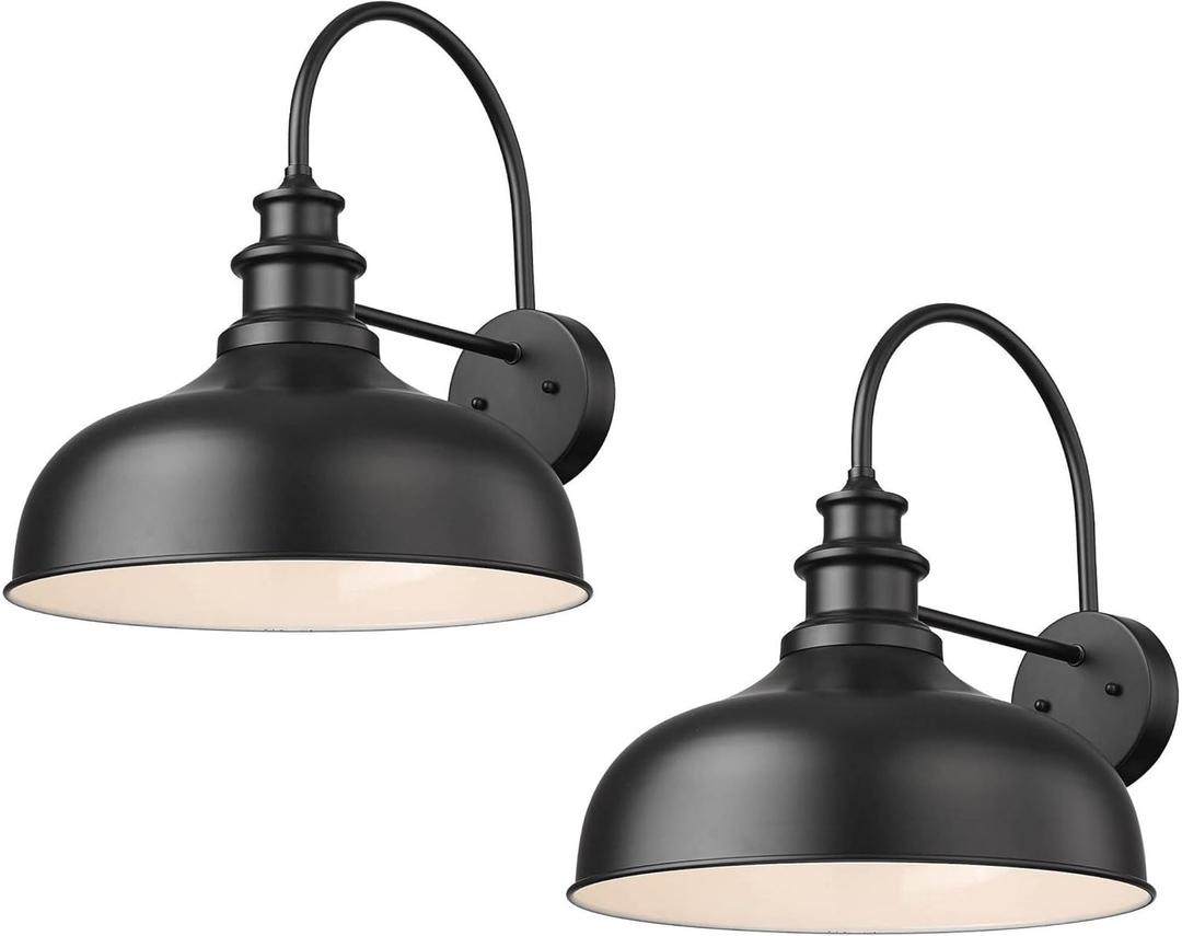 Bestshared Large Farmhouse Barn Lights 16 Inch Dome Outdoor Wall Lighting Fixture Industrial Wall Sconces Exterior Mount Lantern Light for Porch, Entryway, Garage(2Pack, Black+White)