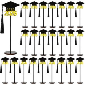 Beeveer 24 Pcs Graduation Cap Picture Holder Wooden Table Holders Wire Photo Holder Clips Picture Graduation Table Number Holders Black Gold Grad Centerpieces for Class of 2026 Grad Party Supplies