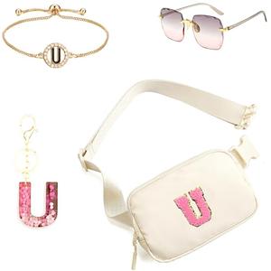 Personalized Initial Fanny Pack Belt Bag for Teen Girls - woman fanny pack,Bracelet, Keychain & Sunglasses (U)