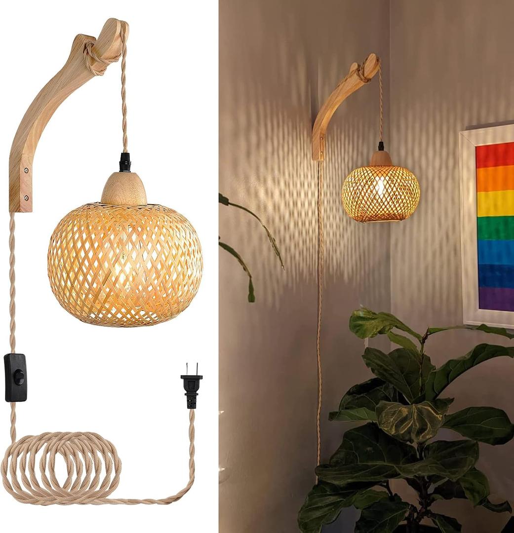 Frideko Bamboo Lantern Plug in Wall Sconces Wicker Wall Lamp with Plug in Cord Hand Woven Rattan Wall Light Farmhouse Rustic Wall Sconces Boho Sconces Wall Lighting for Living Room Bedroom, 1PC