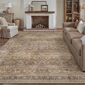 Area Rug 8x10 Vintage Brown Machine Washable Living Room Rugs Distressed Retro Floral Vacuumable Low Pile Carpet Bedroom Office Dining Room Laundry Room Non Slip Soft Lightweight