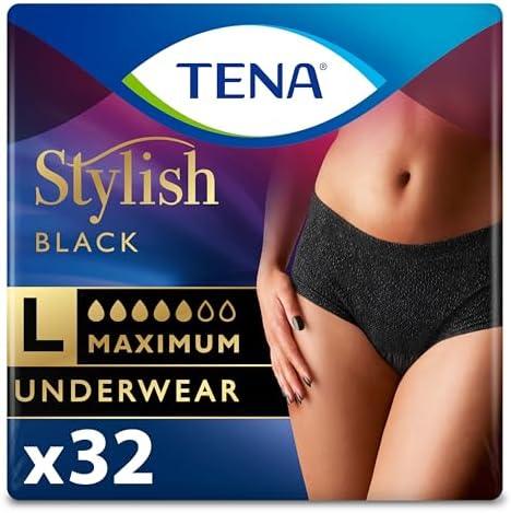 TENA Stylish Black Incontinence Underwear for Women, Maximum Absorbency, Large, 32 ct (2 Packs of 16) : Health & Household
