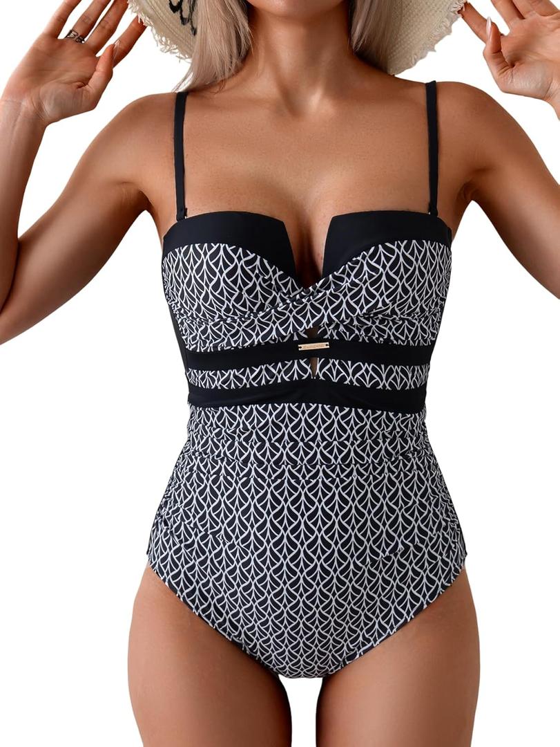 Eomenie Women's Push Up Wrap Front Swimsuit One Piece Tummy Control Bathing Suits Bandeau Support Slimming Swimwear L