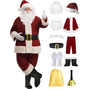 ADOMI Santa Claus Costume for Men Adults Santa Suit 11pcs Mens Red Deluxe Christmas Clause Outfit Cosplay Vacation Suits Set (Large)