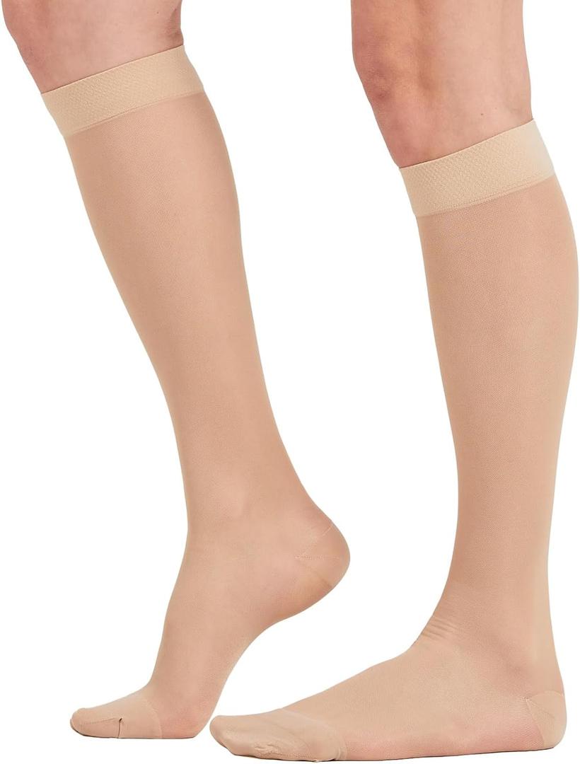 2 Pairs Sheer Compression Socks for Women - 15-20 mmHg Knee High Sheer Compression Stockings for Support Circulation Swelling Edema Work Office Travel, Beige, Large