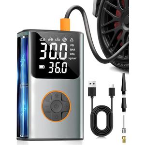 Tire Inflator Portable Air Compressor, Bike Pump, 150PSI Air Pump for Car Tires with LCD Dual Screen and Digital Tire Pressure Gauge, Air Compressor for Bicycle, Motorcycle, Compact Car, Ball (Silver)
