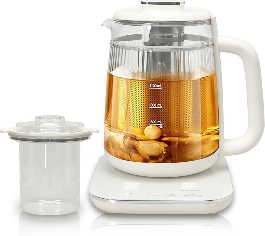 Double-Layer Electric Kettle1.5L with Stew Pot,Glass Health Pot, 9-in-1 Glass Tea Maker, Programmable Touch Panel, Stainless Steel Base for Soup, Porridge, Herbal Tea