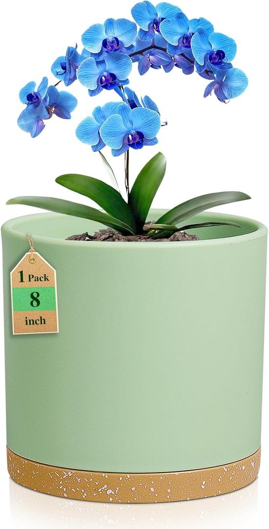 WSMKSZ 8 Inch Medium Flower Pots for Indoor Outdoor Plants, Cylinder Deep Plant Pots with Drainage Holes & Saucer, Decorative Plastic Planter Pots for Garden House Plants, Green with Brown
