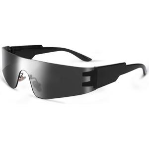COASION Wrap Around Sunglasses for Women Men Trendy Rimless Futuristic Shades Y2k Shield Flat Top Fashion Eyeglasses (A2 Black / Grey)