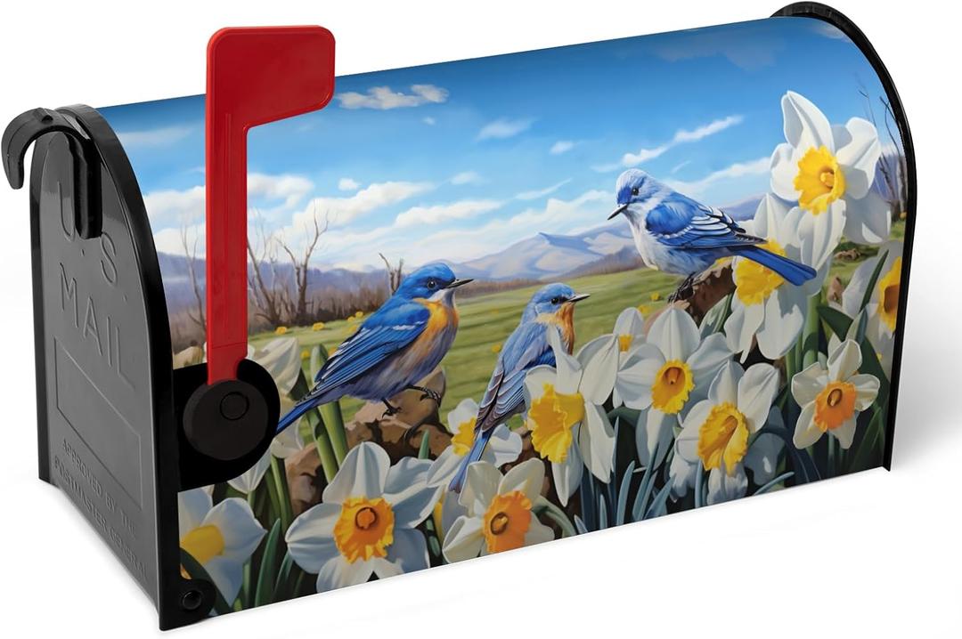 Spring Mailbox Covers Magnetic Oversized Summer Bluebirds Daffodil Post Letter Cover Floral Bird Mailbox Wraps Blue Sky Mail Box Decor for Garden Yard Large Size 25.5 X 21 Inch