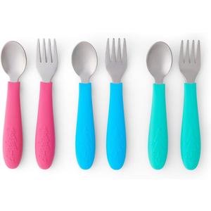 Elk and Friends Kids Silverware with Silicone Handle | Childrens Safe Flatware | Toddler Utensils | Baby Spoons + Forks | Stainless Steel Cutlery | Dishwasher Safe | 6 Pieces (Pink/Teal/Blue)