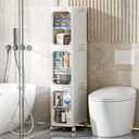 JOYZAN Narrow Bathroom Storage Cabinet with Movable Wheels, Slim Storage Cabinet with 2 Doors & Removable Panel, Skinny Bathroom Organizers and Storage for Small Space, Corner, Kitchen, Laundry