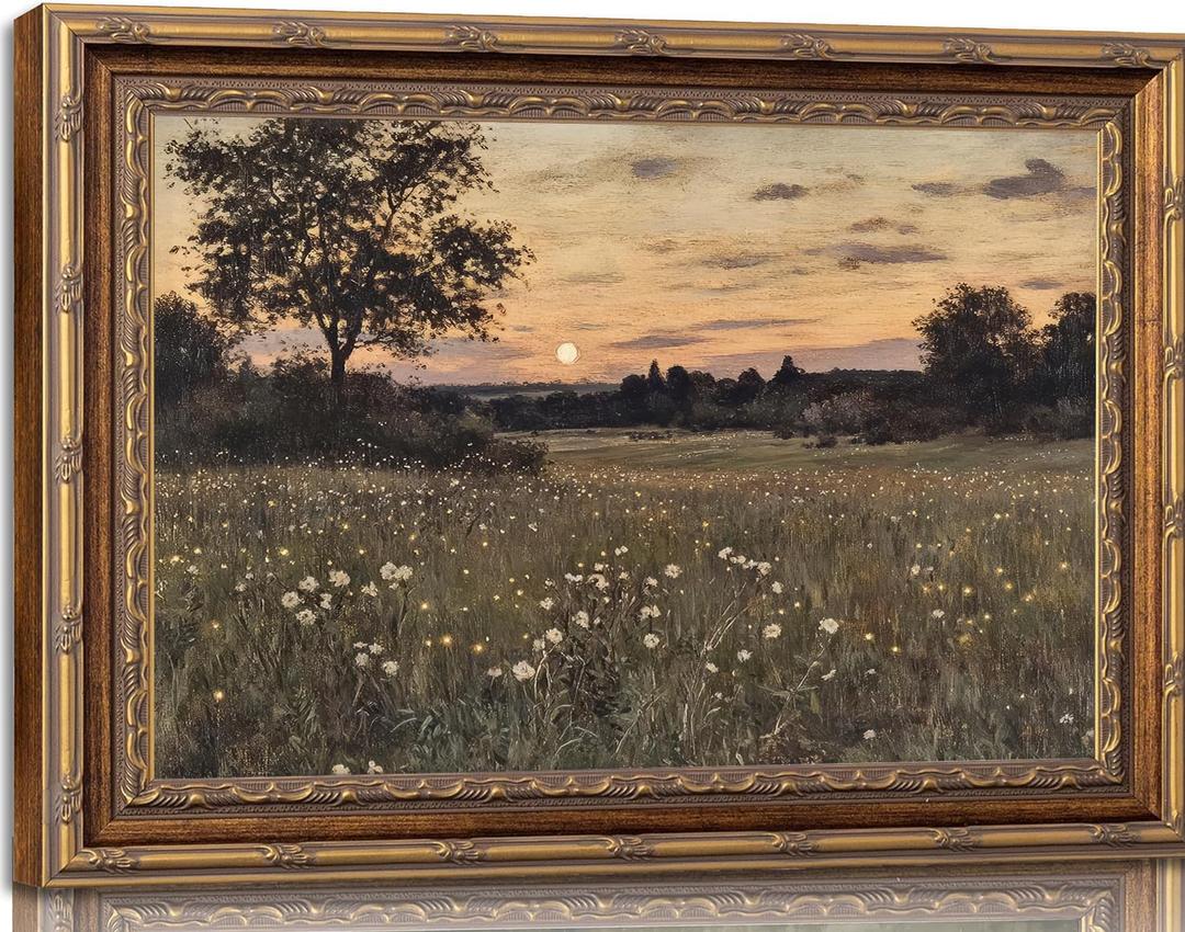Vintage Gold Frame Wall Art Wilderness Countryside Sunset Painting Picture Wall Decor Wildflowers Natural Flowers Poster Print Artwork for Bedroom Living Room Kitchen Hallway Entryway Home Decoration