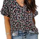 TIYOMI Plus Size Tops for Women Ruffle Shirts Button Short Sleeve Summer V Neck Tunics XL-5XL (Black, XL)