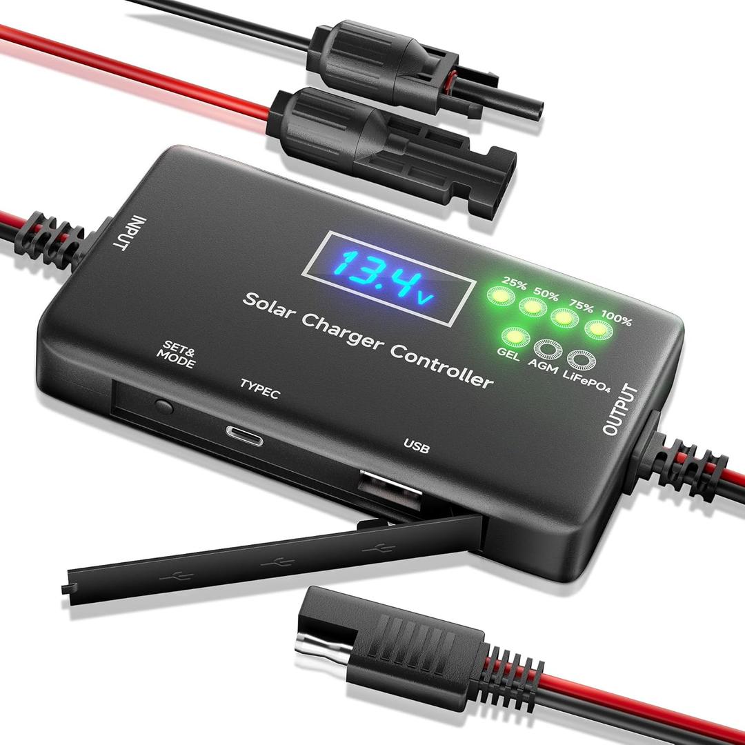 Solar Charge Controller 12V 20A, Solar Panel Charge Controller with Type-C and USB Output for Solar Panel and Gel, AGM, LiFePO Battery