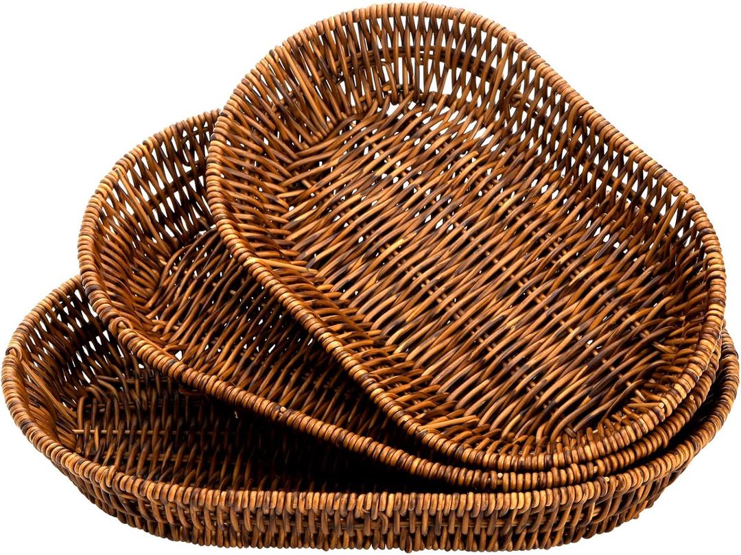 Hedume Set of 3 Wicker Baskets, Bread Baskets Sets, Tabletop Food Serving Baskets Trays, Handwoven Storage Basket Bin, Fruit Vegetables Sundries Storage Basket for Home, Restaurant, Bakery