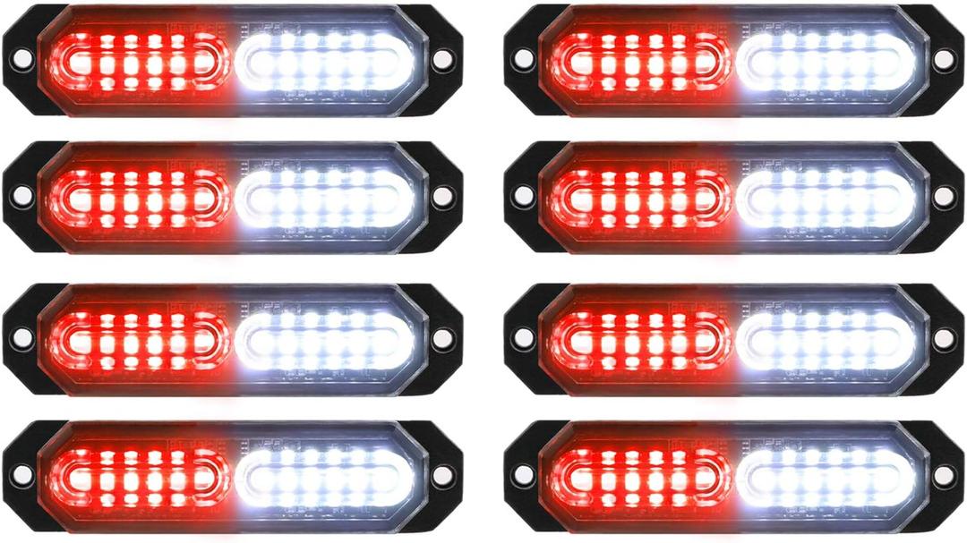 ASPL 8pcs Sync Feature Ultra Slim 12-LED Surface Mount Flashing Strobe Lights for Truck Car Vehicle LED Mini Grille Light Head Emergency Beacon Hazard Warning Lights (Red/White)