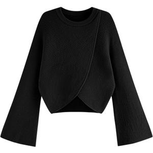 CIDER Cropped Sweaters for Women Turtleneck Sweater Long Sleeve Ribbed Knit Lantern Sleeve Pullover Fall Outfits (Medium, Crewneck-black)