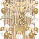 Trgowaul Happy 18th Birthday Decorations for Girls, Banner, Sash and Crown, Cake Topper, 18 Number Balloon, Fringe Curtains, Champagne Gold 18th Birthday Party Supplies