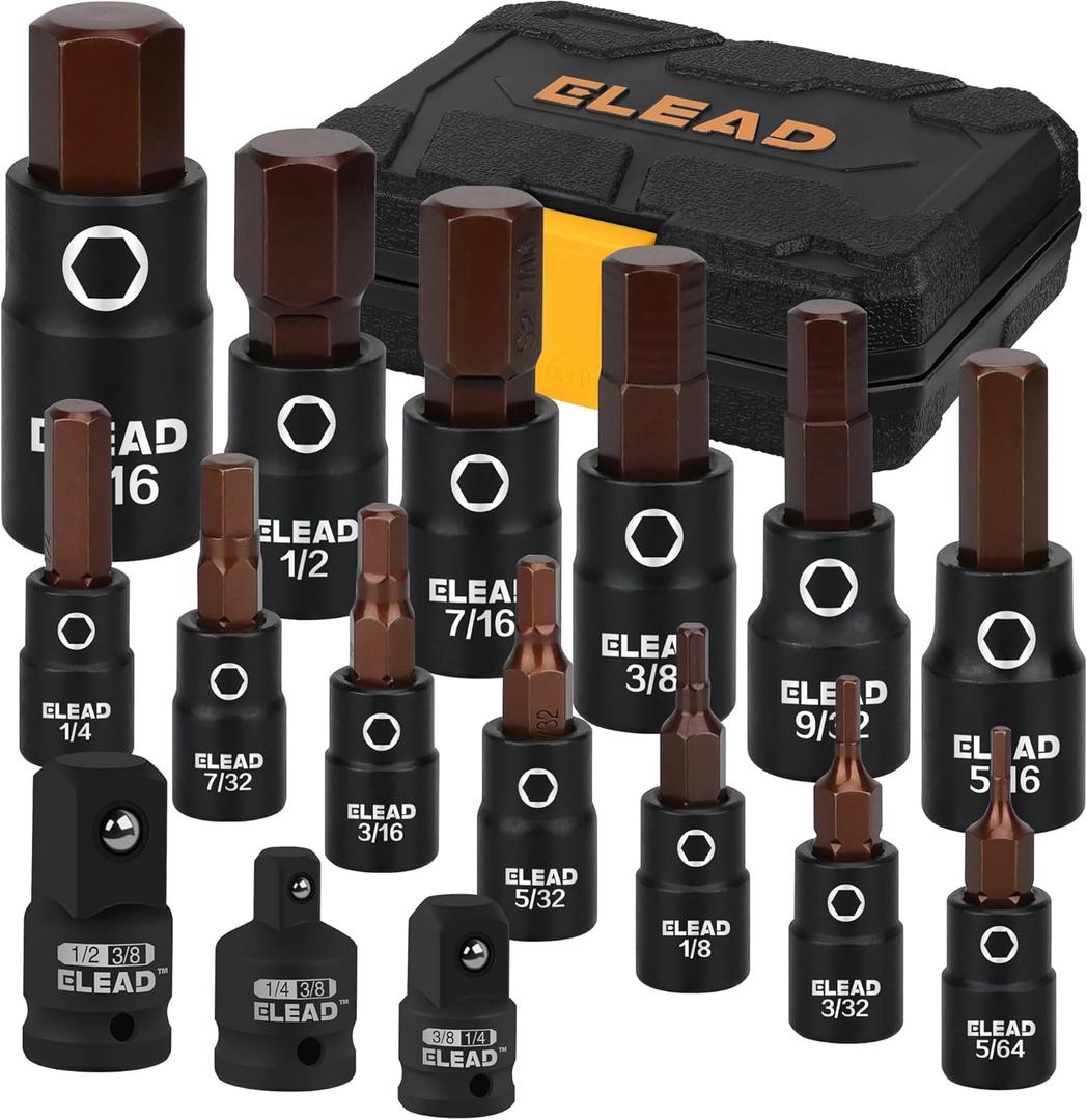 16-Piece SAE Hex Bit Impact Socket Set - Premium S2 Steel 5/64"-9/16" Allen Socket Set with Socket Adapters, 1/4, 3/8 and 1/2 Drive | Professional Mechanic Garage Tools