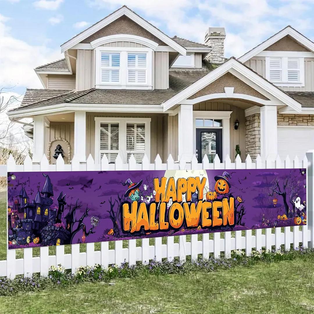 Halloween Decorations Outdoor Yard Banner Happy Halloween Purple Pumpkin Ghost Fence Banner 118x20 Inch Haunted Tree Moon Scene for Garden Porch Wall Party Decor