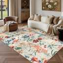 PureCozy Beige Area Rug 5x7 Floral Washable Living Room Kitchen Boho Carpet Non Slip Low Pile Indoor Accent Lightweight Soft Throw Rug for Bedroom Office Dining Room Nursery Farmhouse