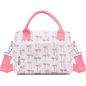 TESAFNG Lunch Box for Women Insulated Lunch Bag Cute Corduroy Lunch Tote Bags Lightweight Reusable Leakproof Cooler Bag with Adjustable Shoulder Strap for Work Office Travel Picnic (Pink Bow)