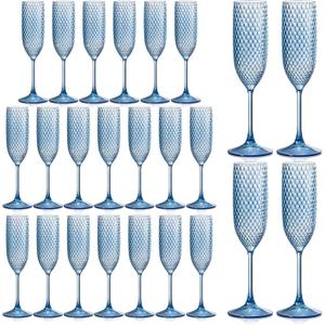 24 Pack Plastic Champagne Flutes Vintage Light Blue Goblet Champagne Glasses Unbreakable Wedding Toasting Glasses Diamond Wine Glasses Crystal Wine Cups Clear Drinking Glasses 5.5 OZ for Bridal Shower