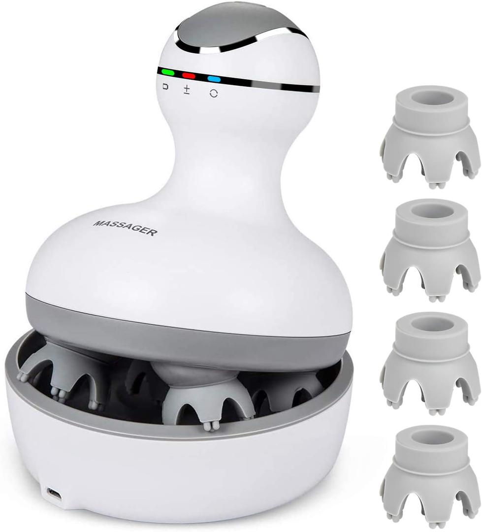 cotsoco Electric Scalp Head & Back Massager, Cordless Hair Massage Waterproof Head Massager with 4 Heads 84 Nodes for Hair Growth, Stress Relief & Deep Clean, Gifts for Mom, White